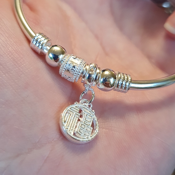Solid 999 Sterling Silver Chinese Characteristic Fu (福）Bangle Bracelet - Picture 3 of 6